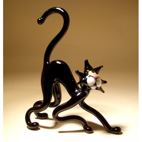 Black Glass Cat Figurine with Back Curved