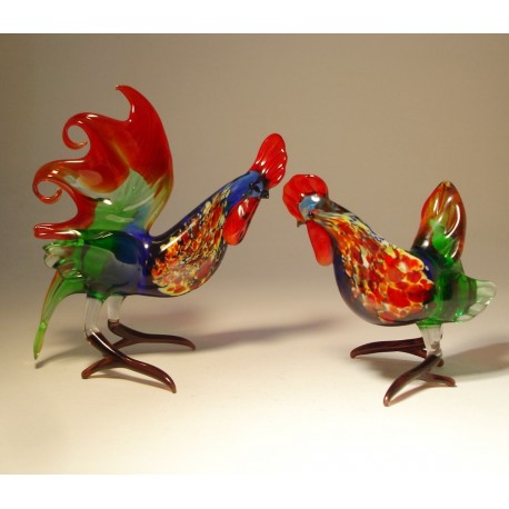 Glass Colorful Rooster Couple