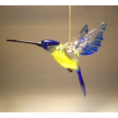 Blue and Yellow Glass Bird Hanging Hummingbird Ornament