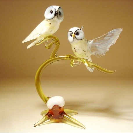 Glass Bird Owls on a Branch Figurine